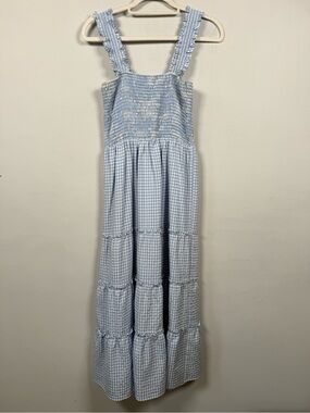 Light Blue Gingham Smocked Maxi Dress with Ruffle Straps